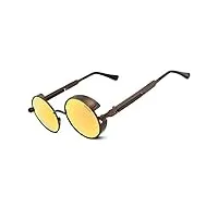 ronsou steampunk style ronde vintage polarisées lunettes de soleil rétro lunettes uv400 protection métal cadre cadre marron/lentille dorée