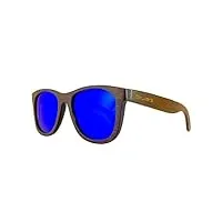 okulars® dark bambou - lunettes de soleil en bois pour homme & femme, fait à la main - taille unique - lentilles polarisées miroir - protection uv400 - cat.3 (bleu)