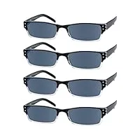 eyekepper lot de 4 lunettes de lecture rectangulaires à charnières à ressort en gris avec verres de protection solaire