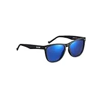 blue bay hardella, lunettes de soleil homme et femme polarisées, 100% protection uv, lunettes de soleil durables en matériau recyclé, légères et souples, monture noire et verres bleus, 26 grammes