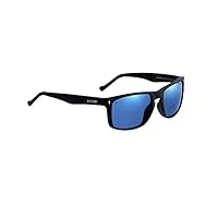 blue bay amyda, lunettes de soleil homme polarisées, 100% protection uv, lunettes de soleil durables en matériau recyclé, légères et souples, monture noire et verres bleus, 26 grammes