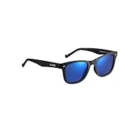 blue bay chitra, lunettes de soleil homme et femme polarisées, 100% protection uv, lunettes de soleil durables en matériau recyclé, légères et souples, monture noire et verres bleus, 26 grammes
