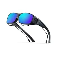 bloomoak s'adapte sur des lunettes, lunettes de vue, lunettes de soleil 100 % protection uv anti-éblouissement monture tr90 pour homme et femme, cadre noir mat/verre miroir bleu glacier (l), medium