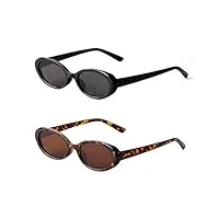 via leeca lunettes de soleil ovales rétro tendance pour femmes, 90 s s y2k fashion vintage étroit lunettes de soleil, lot de 2 noir + marron, medium