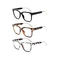 jm 3 pack lunettes de lecture classiques carré pour femme hommes, rétro mode surdimensionné anti lumiere bleue lunette de vue +2.5
